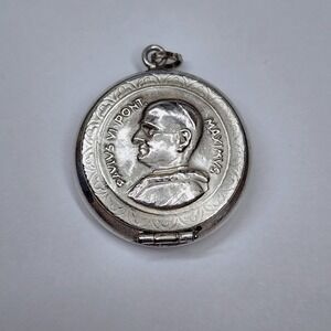 Vintage Pope Paul VI Silver Reliquary Locket Pendant Vatican Medal Italy
